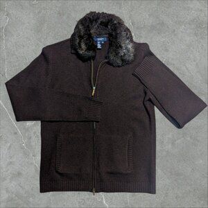 Chaps Wool Blend Fur Trim Women Full‎ Zip Sweater Size Medium Cardigan